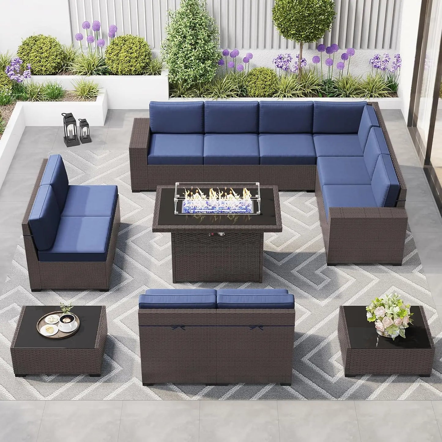 8 Piece Patio Furniture Set with 44" Propane Gas Fire Pit Table, Set Wicker Rattan Sofa Set and Coffee Table Rattan Möbel