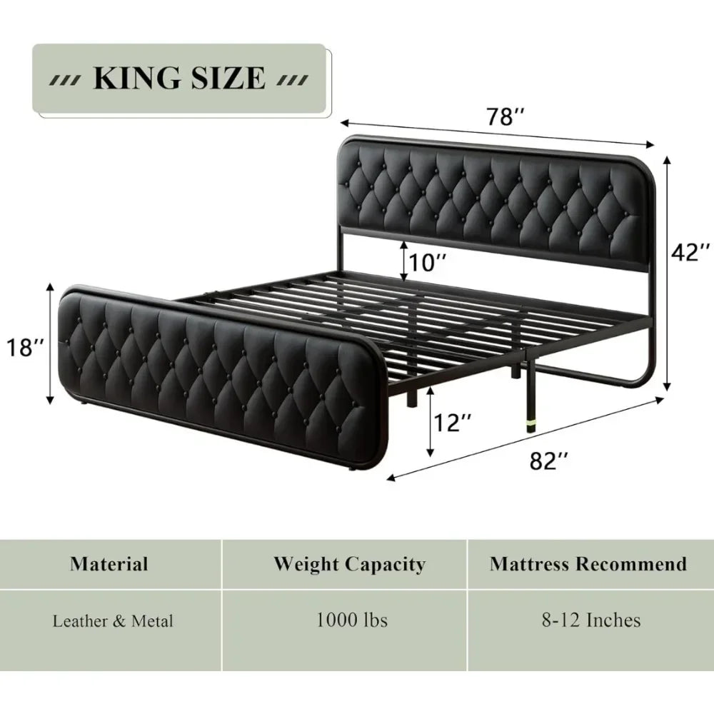 King Size Heavy Duty Bed Frame with Faux Leather Headboard and 12" Storage