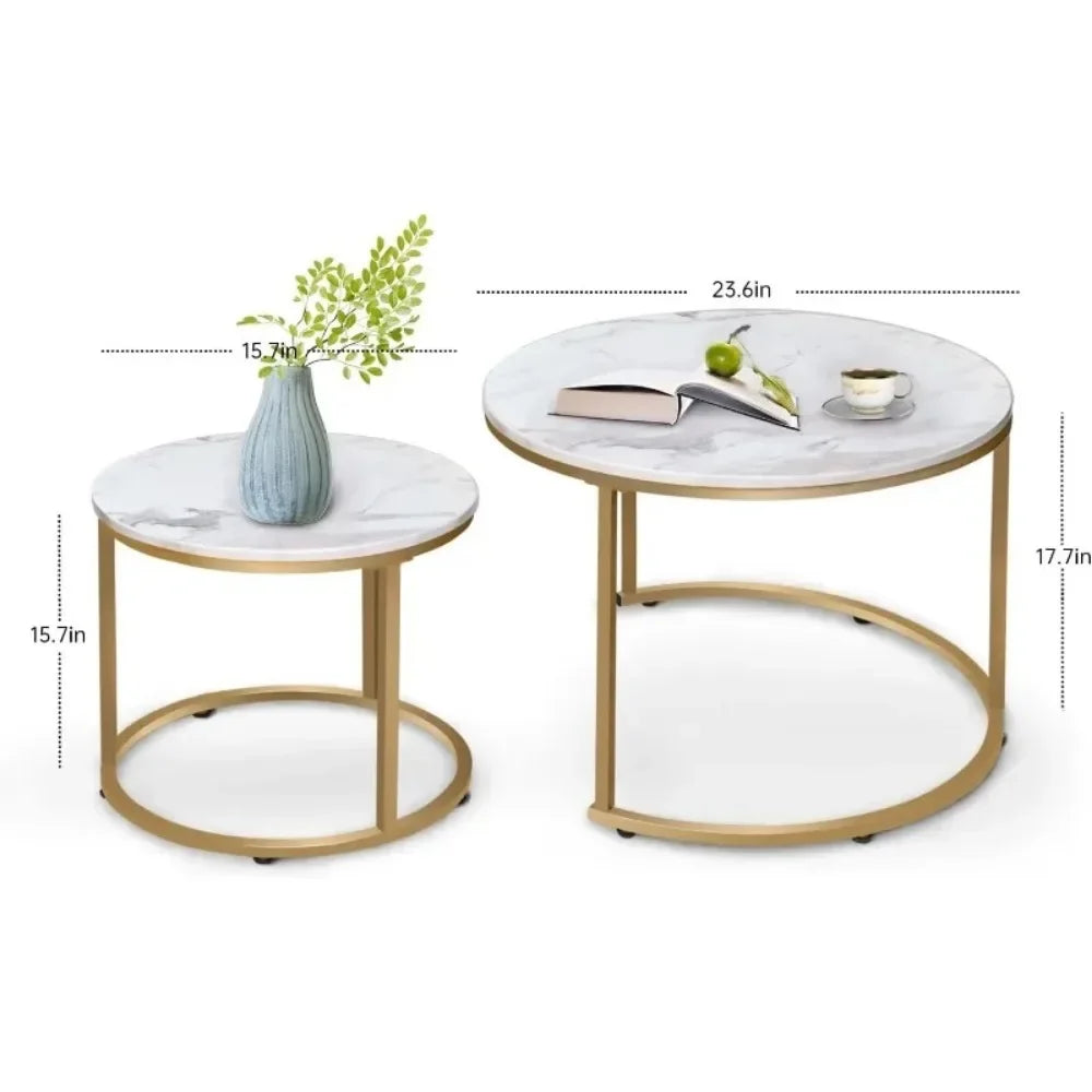 Coffee Table Nesting White Set of 2 Side Set Golden Frame Circular Round and Marble Pattern Wooden Tables