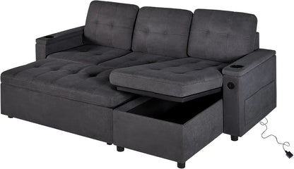 110 Inch Sofa Bed, Sleeper Couch Bed with 2 USB & Cup Holders, Oversized U Shaped Pull Out Couch with Storage Chaise & 3 Seater