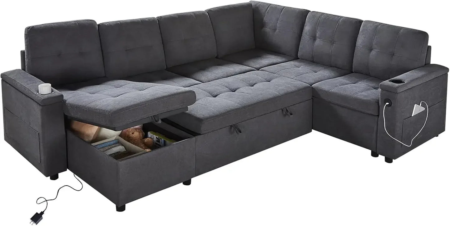 110 Inch Sofa Bed, Sleeper Couch Bed with 2 USB & Cup Holders, Oversized U Shaped Pull Out Couch with Storage Chaise & 3 Seater