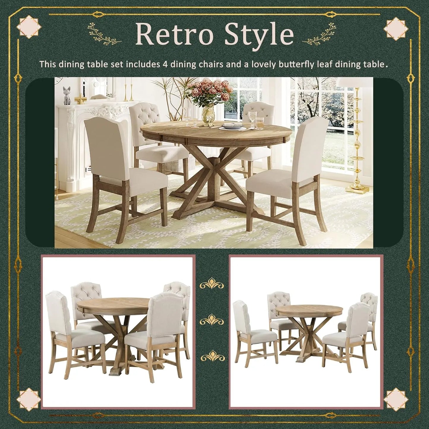 Retro Style 5-Piece Round Dining Table Set for 4 Extendable Table with 4 Upholstered Chairs for Dining Room Living Room