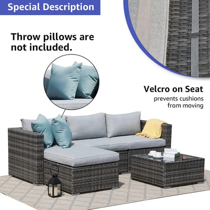 5-Piece Outdoor Patio Set - Grey Wicker & Cushions