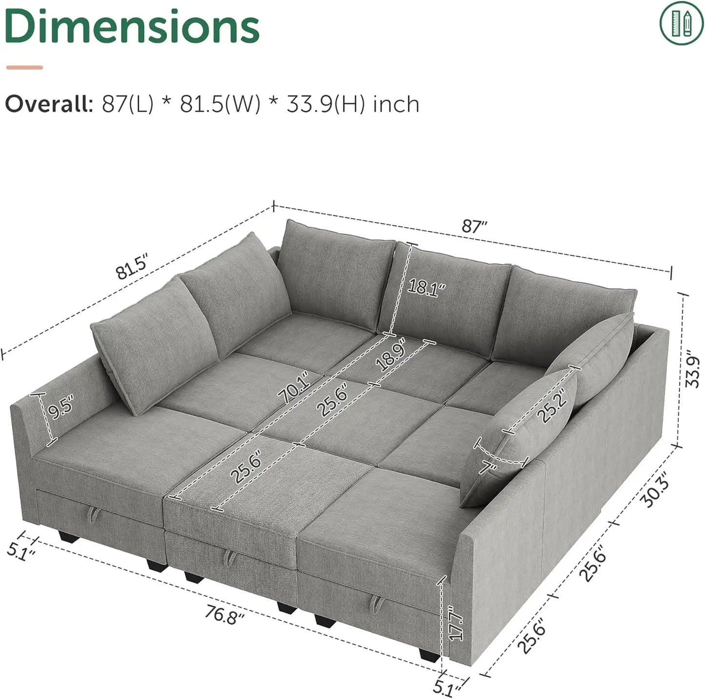 Living Room Sofas Modular Sectional Sofa with Storage Sleeper Sectional Sofa Modular Sectional Couch for Living Room Grey