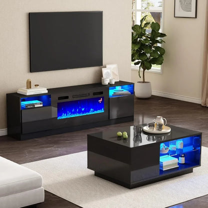 2-Piece Modern Living Room Table Sets, includes 70" Highgloss Fireplace TV Stand, Coffee Table with Glass Shelves,with LED,Black