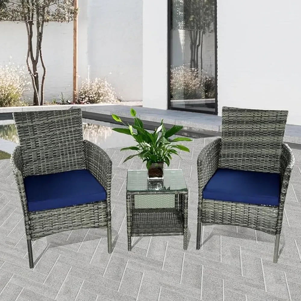 3-piece Terrace Furniture Set, Outdoor Terrace Furniture Set with PE Rattan Wicker Chairs and Table