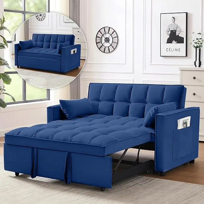 3 in 1 Convertible Sleeper Sofa Bed, Futon Couches for Living Room with Side Pocket, Adjustable Backrest, Velvet Fabric