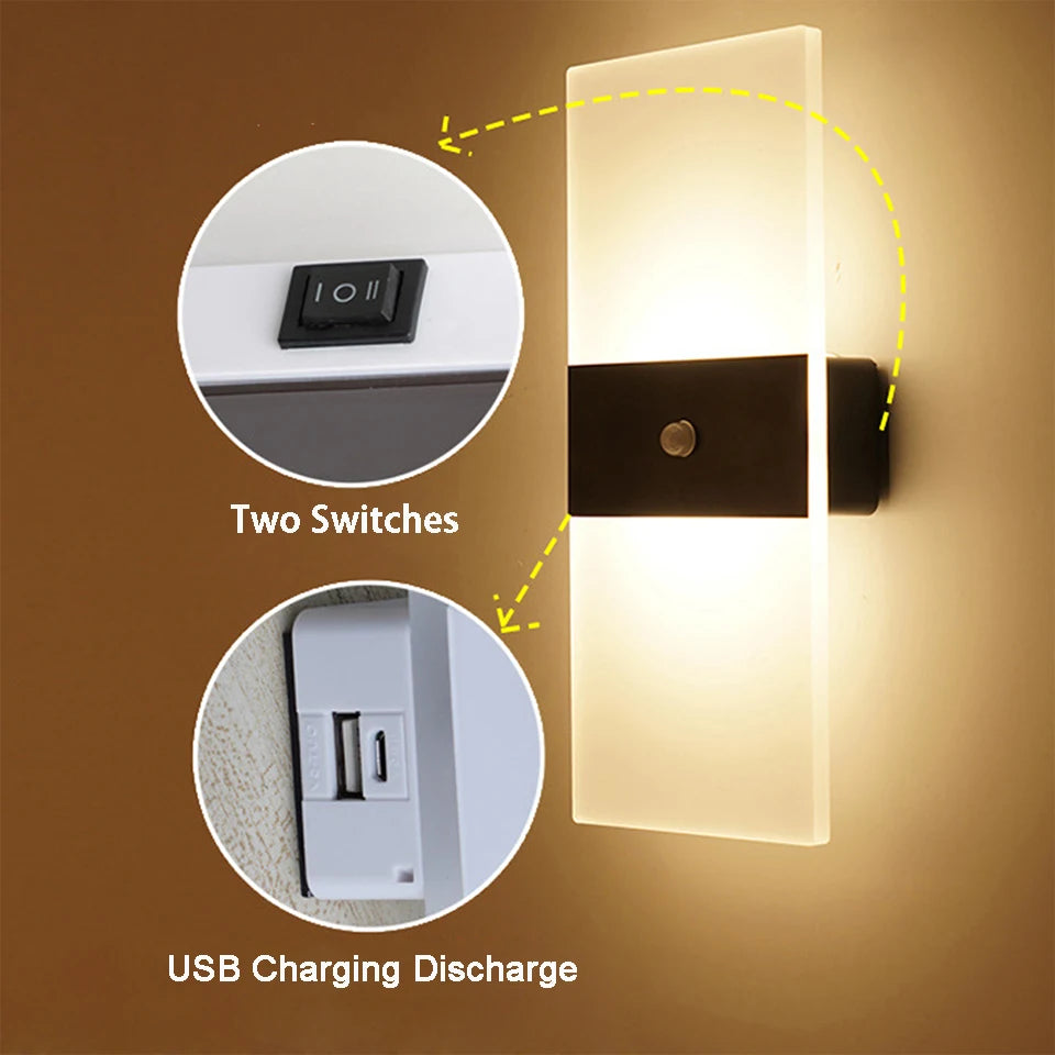 USB Recharge Wall Lamp Touch Motion Sensor Switch Indoor Acrylic Night Lights Bedroom Bedside Wall Sconce Nordic LED Wall Light