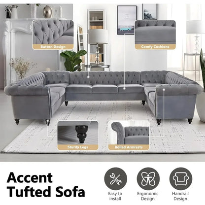 Sectional Chesterfield Velvet Couch Upholstered Large Accent Tufted Sofa with Rolled Armrest and Nailhead Design for Living Room