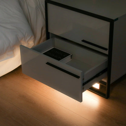 Auto Led Nightstand with High Gloss Drawer Grey Led Night Stand with Metal Frame Bedside Table with 3 Color Magnetic Wireless