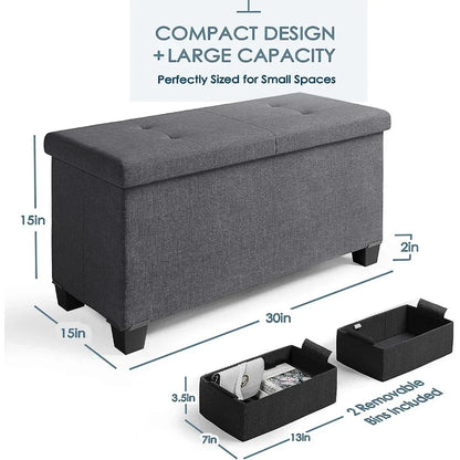 Ottoman Bench with Storage Bins, 30-In Storage Bench for Bedroom End of Bed, Folding Foot Rest Ottoman with Storage