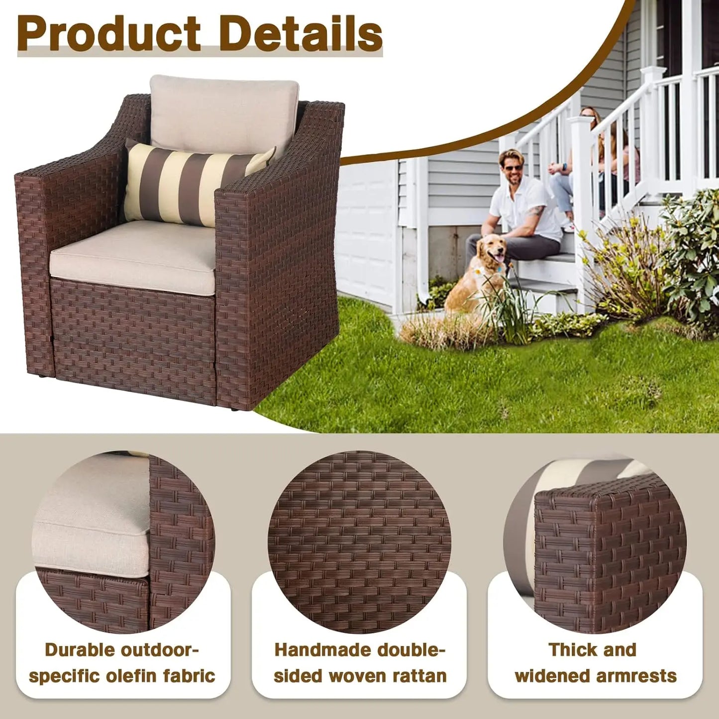 5 Piece Patio Conversation Set Outdoor Furniture Set, Brown Wicker Lounge Chair with Ottoman Footrest, W/Coffee Table & Cushions