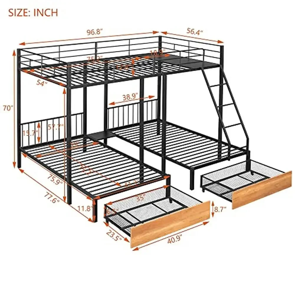 Metal Triple Bunk Bed with Drawers Full Over Twin & Twin 3 Space-Saving Noise Free Guardrails No Box Spring