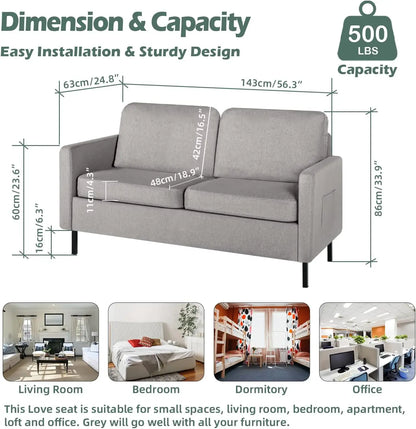 56" W Fabric Loveseat Sofa with 2 USB, Small Couches for Living Room Furniture, Bedroom, Office, Easy Assembly & Comfy Cushion, Light Grey