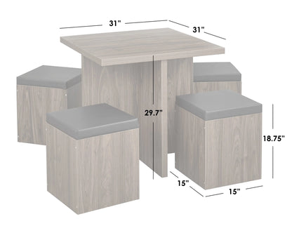 5-Piece Dexter Dining Set with Storage Ottoman – MDF Construction