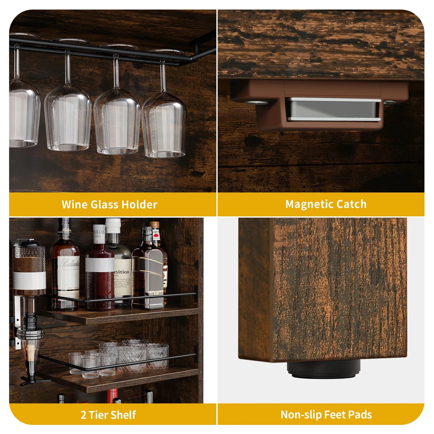 Farmhouse Bar Cabinet w/LED Lights, Tall Wine Bar Cabinet for Liquor & Glasses, Liquor Cabinet w/ 4-Bottle Liquor Dispenser