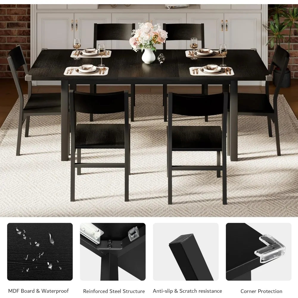 7 Piece Dining Table, Chair Set, 63 Inch Expandable Kitchen Table with 6 Chairs, Metal Frame, MDF Plate, Easy to Assemble