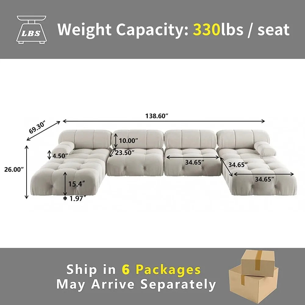 138" Modular Sectional Couch, U-Shaped Minimalist Velvet Sofas Deep 6-Seat Sofas Furniture for Living Room, Apartment