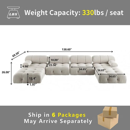 138" Modular Sectional Couch, U-Shaped Minimalist Velvet Sofas Deep 6-Seat Sofas Furniture for Living Room, Apartment