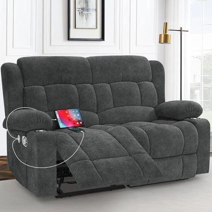 Loveseat Recliner Sofa, 2 Seater Minimalist Style Fabric Manual Pull Tab Reclining Loveseat with USB Charge Ports, Cup Holders