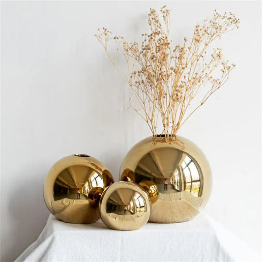 Nordic Golden Ceramic Vase – Brass Color Electroplated for a Luxe Touch