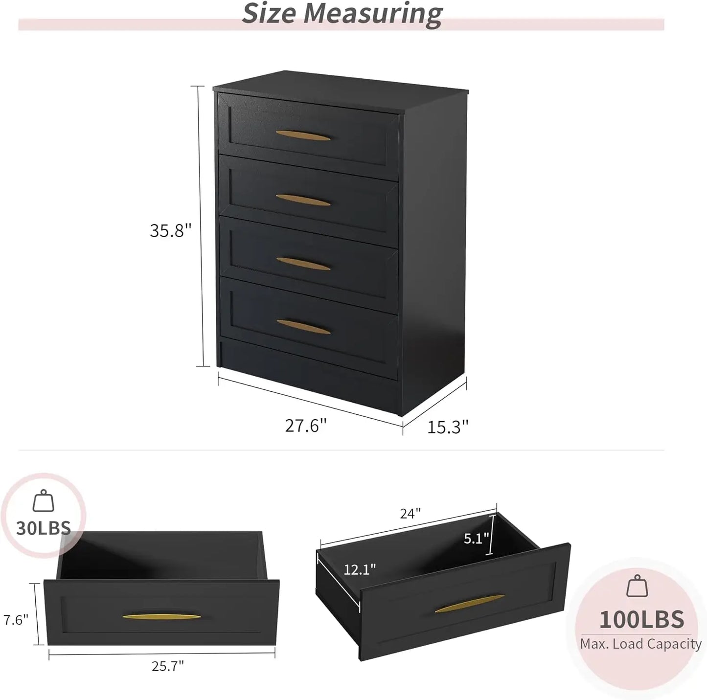 4-Drawer Dressers Set of 2 Black Chest of Drawers with Gold Handle & Wide Drawers 35.8" Tall Storage Cabinets for Living Rooms