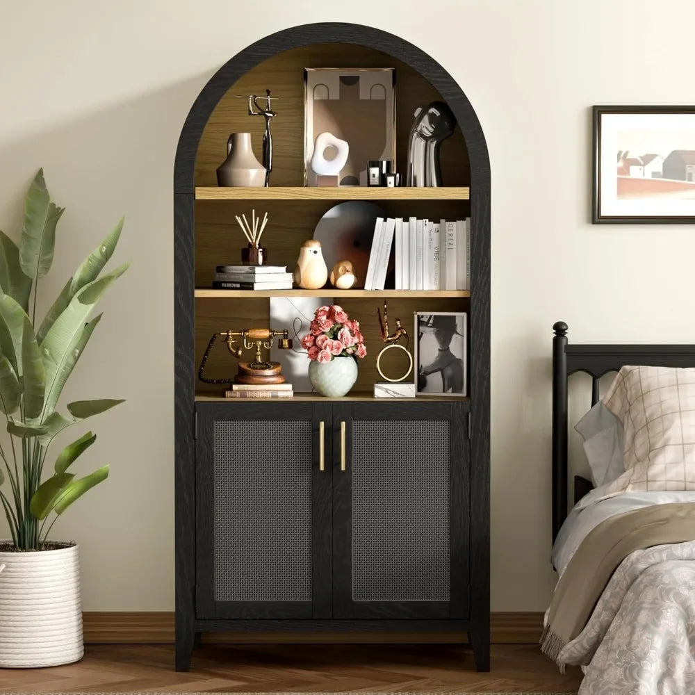 63” Display Cabinet with Beech-Wooden Door, Adjustable Shelf, Anti-Tipping Device, Arched Rattan Storage Display Cabinet