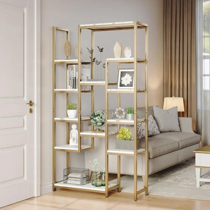 71” 6-Tier Gold Bookshelf with Faux Marble, 12 Open Shelves