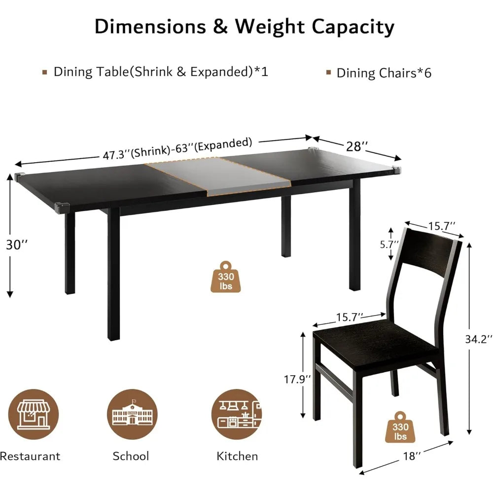 7 Piece Dining Table, Chair Set, 63 Inch Expandable Kitchen Table with 6 Chairs, Metal Frame, MDF Plate, Easy to Assemble