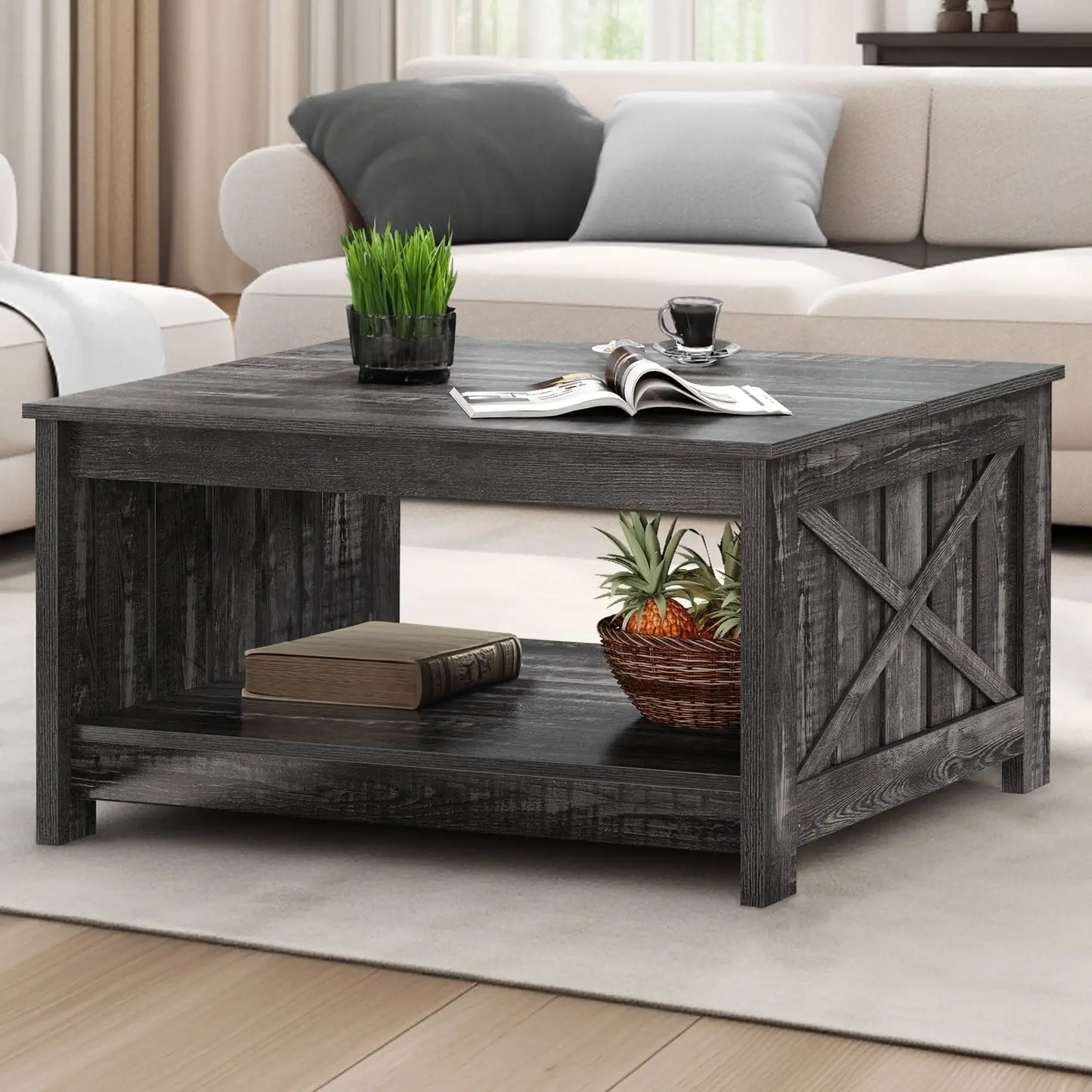 Square Coffee Table, Farmhouse Coffee Table with Half Open Storage Compartment, Rustic Gray