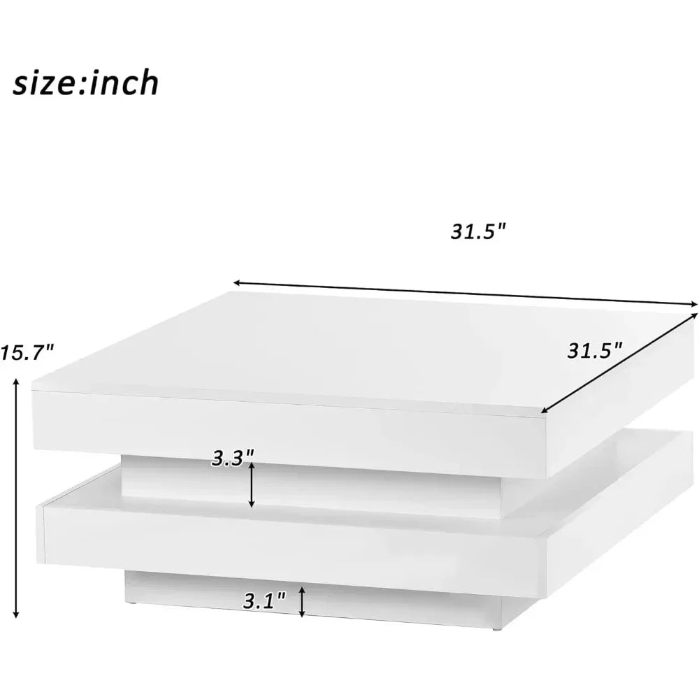 LED Coffee Table for Living Room, 2-Tier Square Center Table, High Gloss Coffee Table with 7-Color Plug-in LED Light