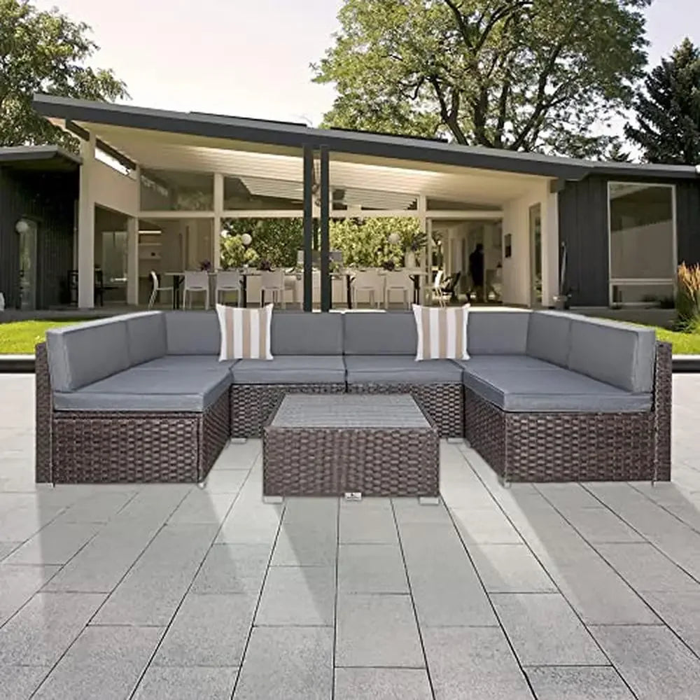 Outdoor Patio Furniture Set 7-Piece PE Rattan Wicker Sofa Sectional with Tea Table and Cushions