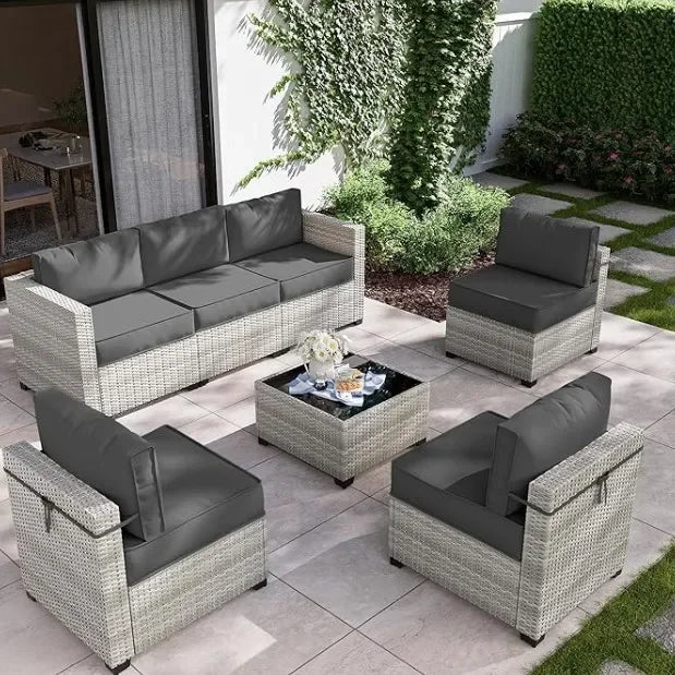 7-Piece Outdoor Patio Furniture Set with High-Resiliency Seat Cushions, Light Grey Gradient Wicker Sectional Sofa