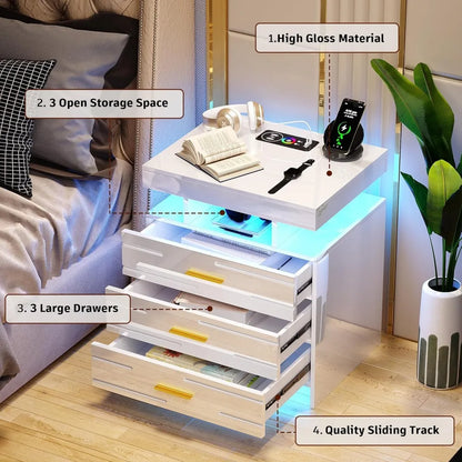 Atuo LED Nightstand , Modern Night Stand with 24 Color Lights, High-Gloss Bedside Tables with 3 Drawers for Bedroom (White,1PC)