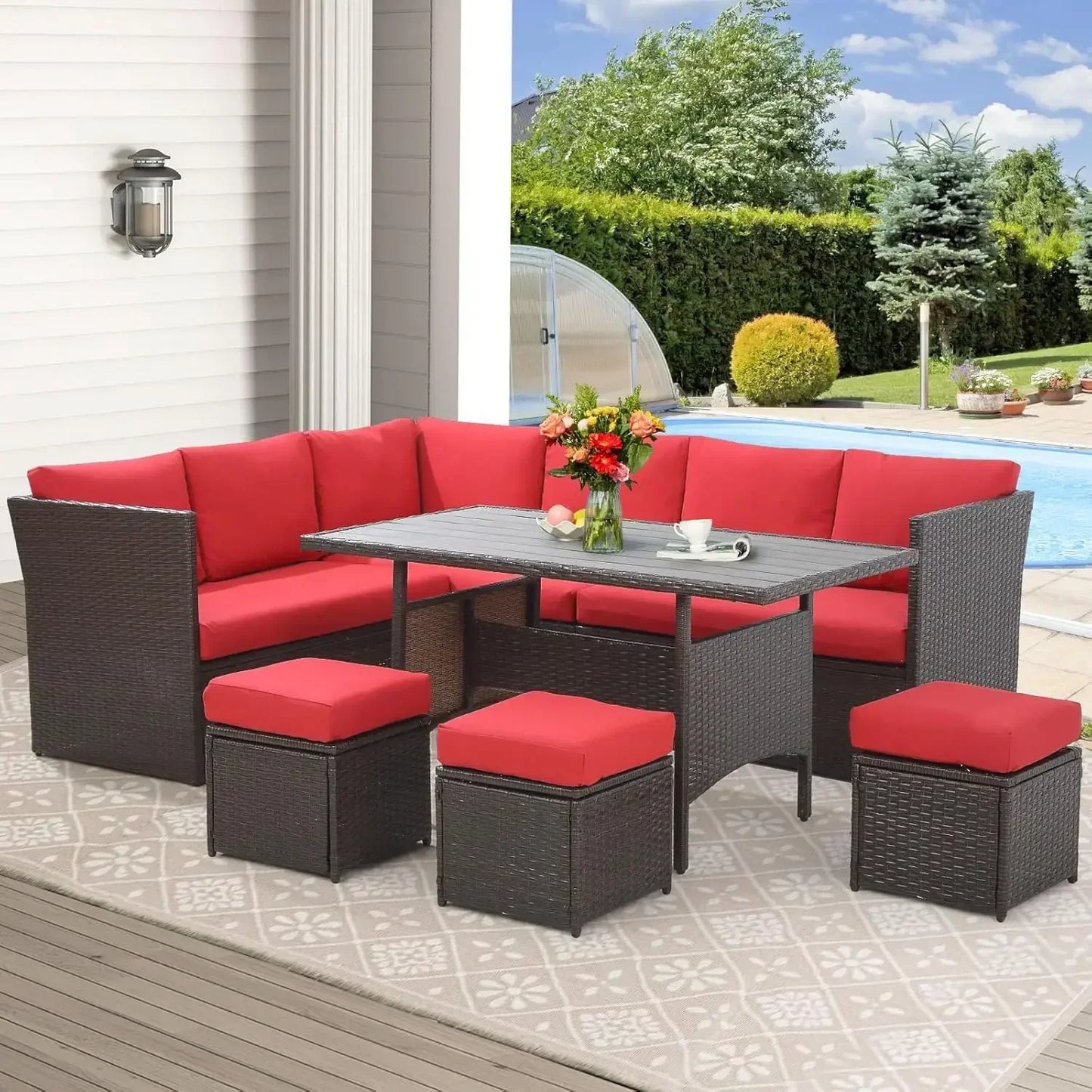 Patio Furniture Set, 7 Pieces Wicker Outdoor Sectional Sofa with High Table and Chairs,   Dining Set with Ottoman for Garden