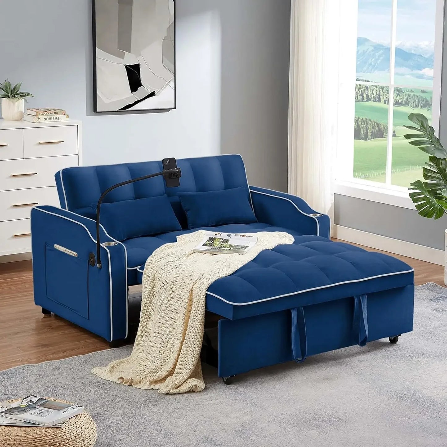 3 in 1 Convertible Sleeper Sofa Bed,Velvet Pull Out Couch Bed w USB&Type C Port,Comfy Futon Loveseat w Adjustable Backrest&Phone