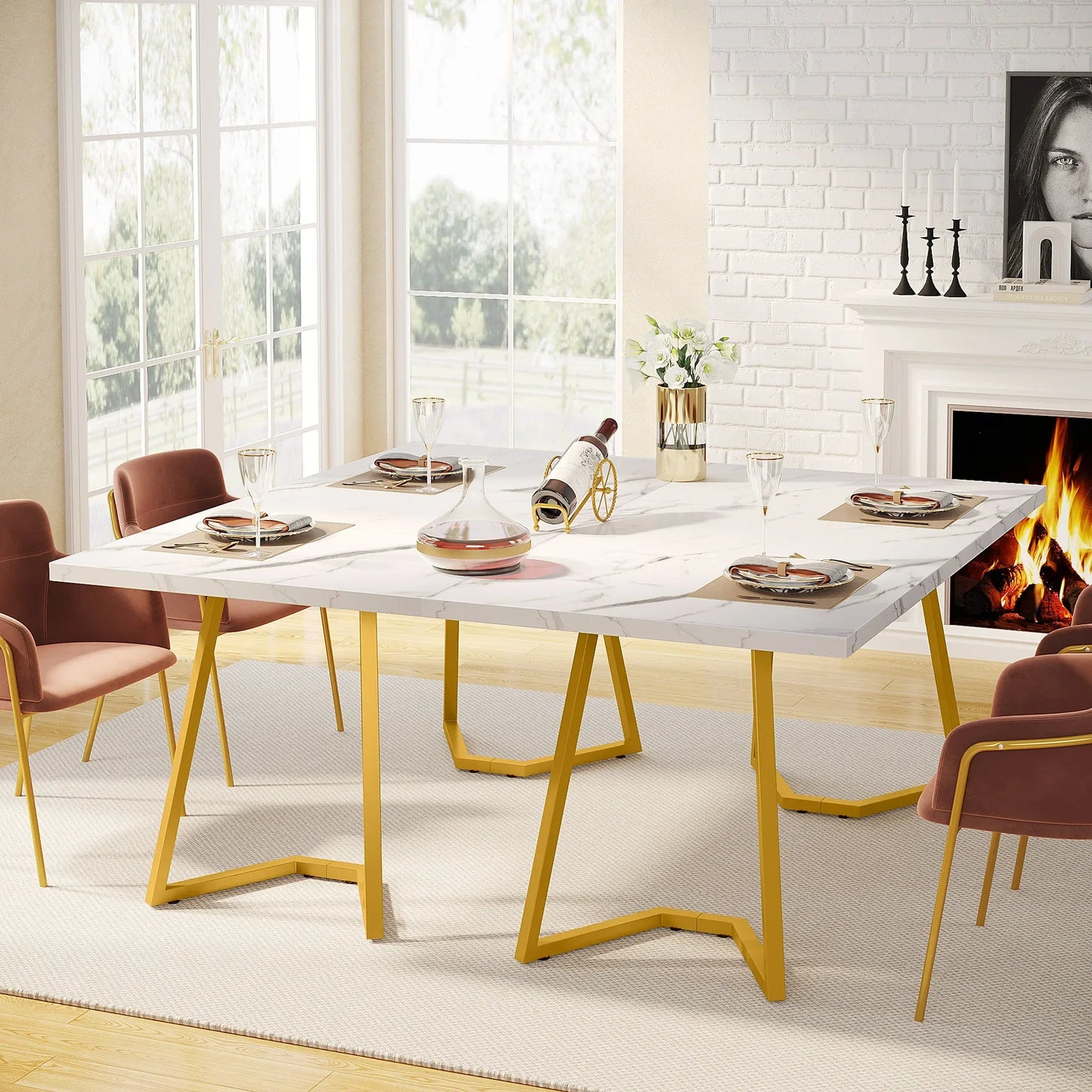 Tribesigns 55-Inch Gold Dining Table, White Faux Marble