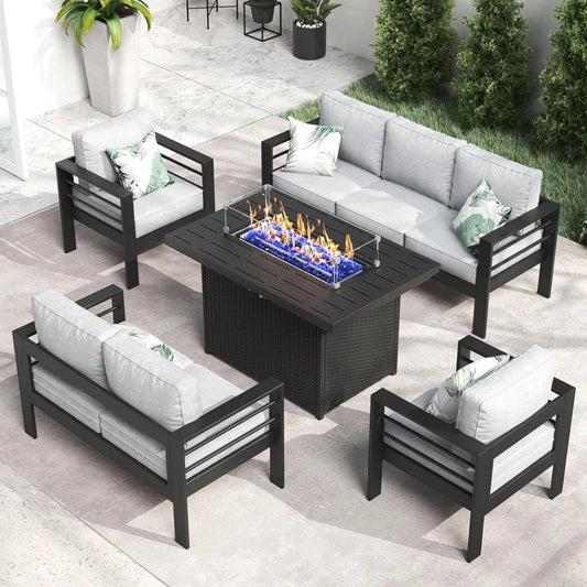 QLayinSun Aluminum Furniture with Fire Pit Table, 5 Pieces Patio Sectional Conversation Chat Sofa Modern Seating Set