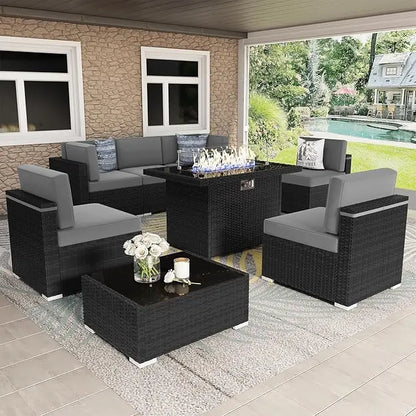 8 Pieces Patio Furniture Set with 44Propane Gas Fire Pit Table,Outdoor Sectional Wicker Conversation Sofa Sets with Coffee Table