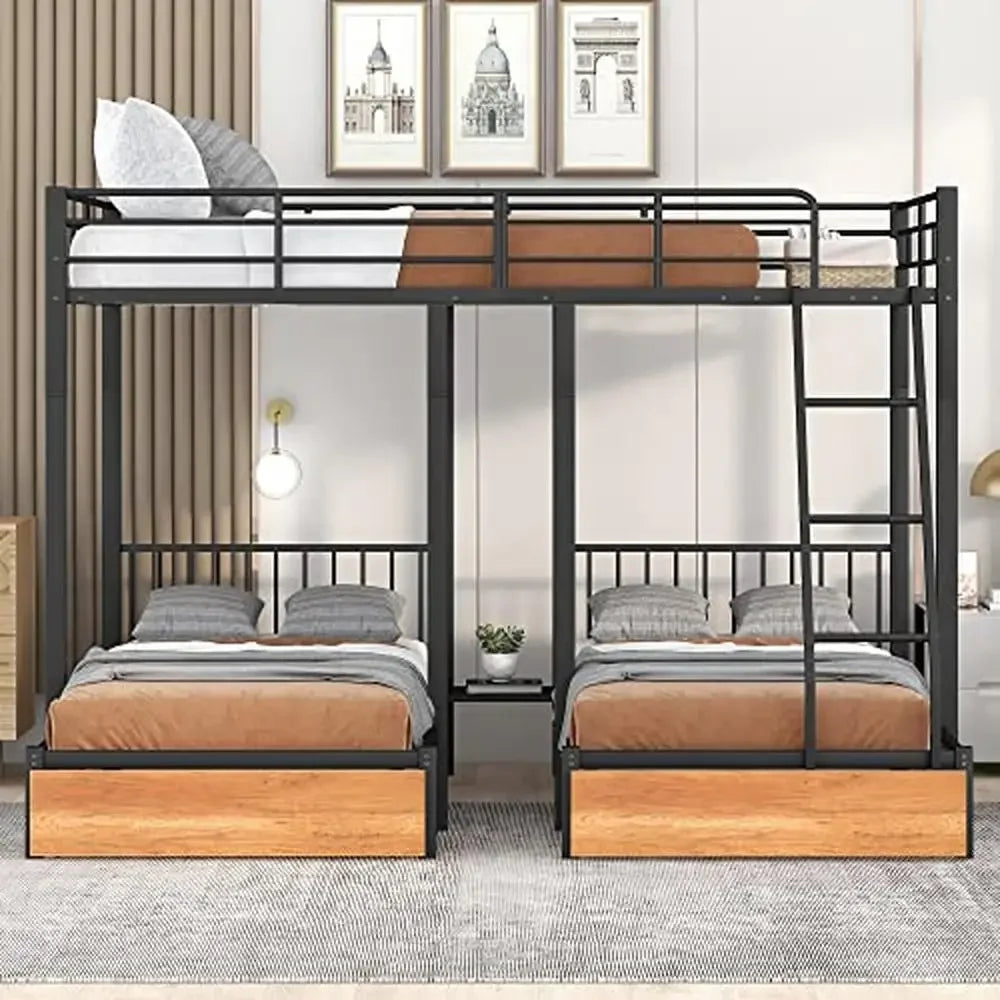 Metal Triple Bunk Bed with Drawers Full Over Twin & Twin 3 Space-Saving Noise Free Guardrails No Box Spring