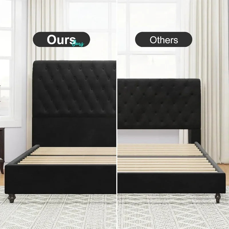 Bed Frame King Size Velvet Tall Headboard King Bed Frame with Button Tufted 52.8" Tall Sleigh Headboard Easy Assembly Black