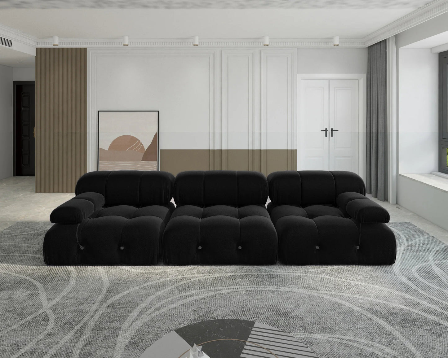 Minimalist Black Velvet Sectional Sofa with Ottomans