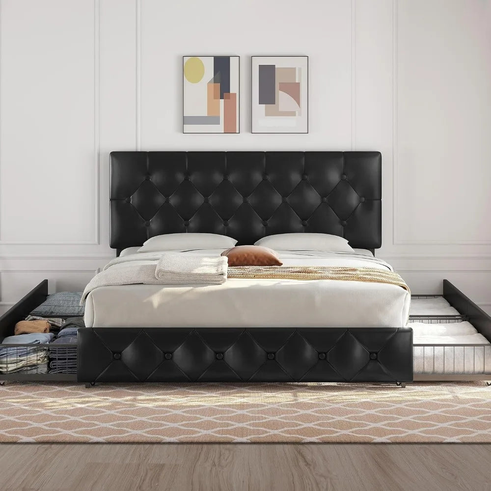 King Size Upholstered Bed Frame with Adjustable Headboard and 4 Drawers