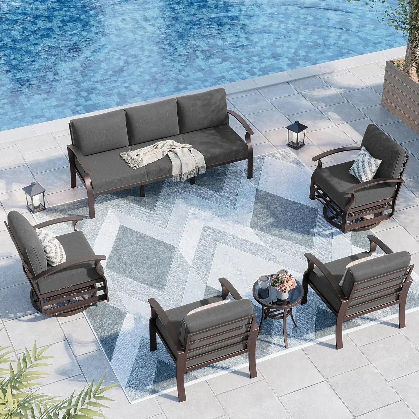 Aluminum Patio Furniture Set 7 Seater Modern Metal Outdoor Conversation Set, Swivel Chair Terrace Sectional Sofa, 5.1" Cushions