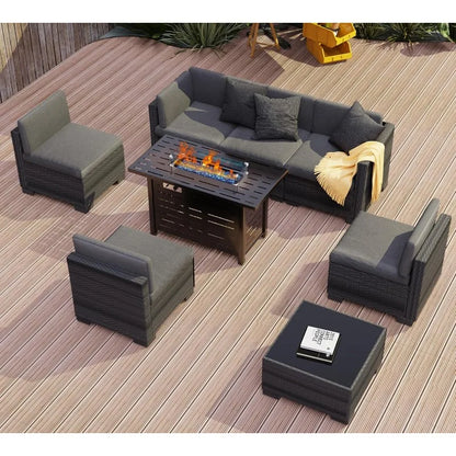 8 Pcs Outdoor Patio Furniture Set with 43" Fire Pit Table, Rattan Chairs Glass Table Wicker Conversation Seating