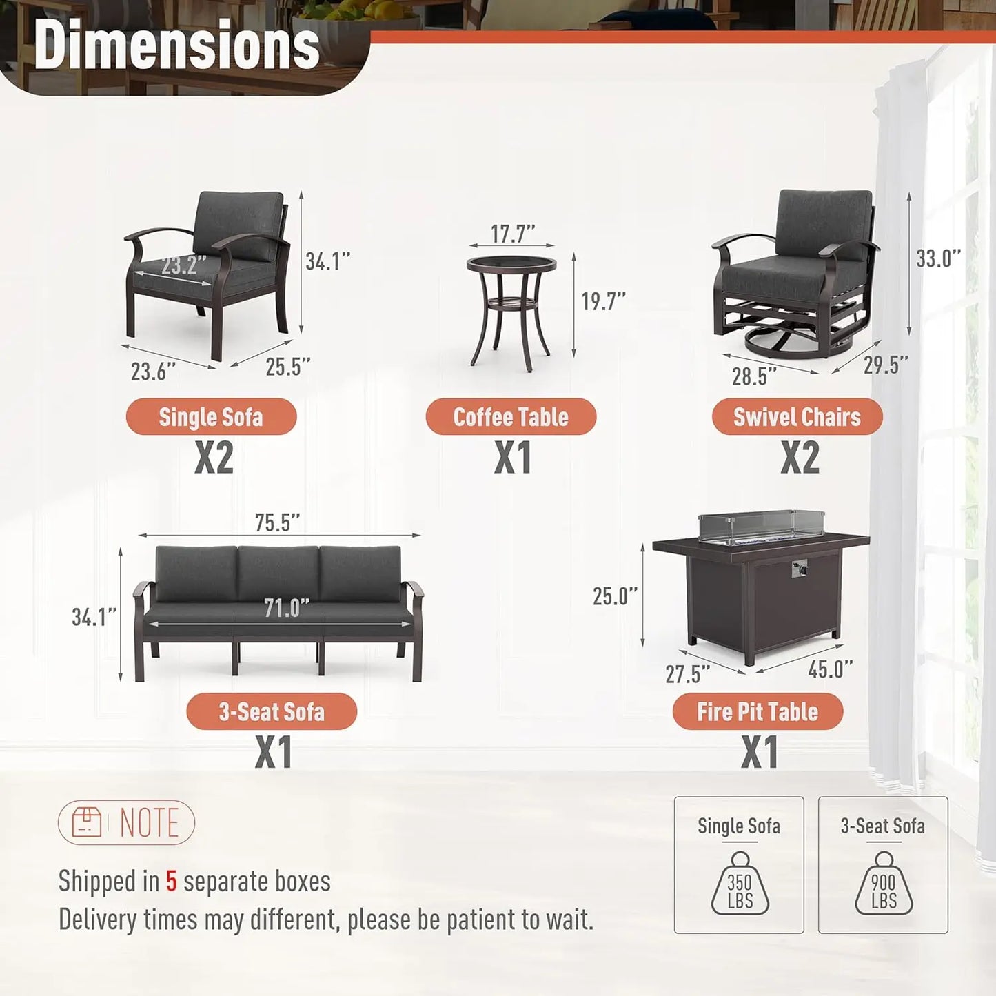 Aluminum Patio Furniture Set 7 Seater Modern Metal Outdoor Conversation Set, Swivel Chair Terrace Sectional Sofa, 5.1" Cushions