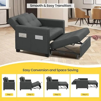 Convertible Futon Sofa Bed 3-in-1 Sleeper Chair Bed Tufted Couch with Adjustable Backrest, 2 USB Ports for Living Room