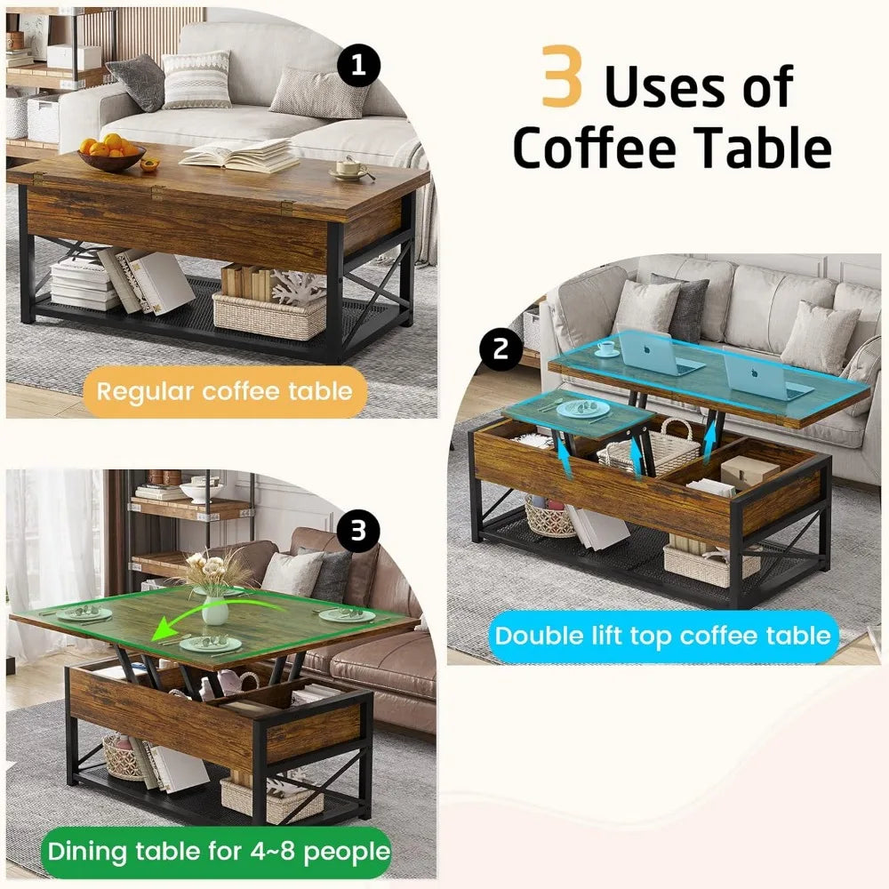 43" Lift Top Coffee Table, 3 in 1 Multi-Function Coffee Table with Storage for Living Room, Small Coffee Table for Dining