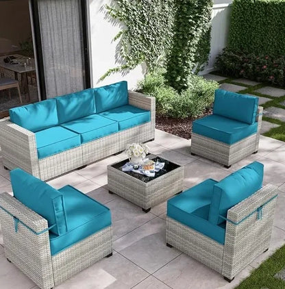 7-Piece Outdoor Patio Furniture Set with High-Resiliency Seat Cushions, Light Grey Gradient Wicker Sectional Sofa