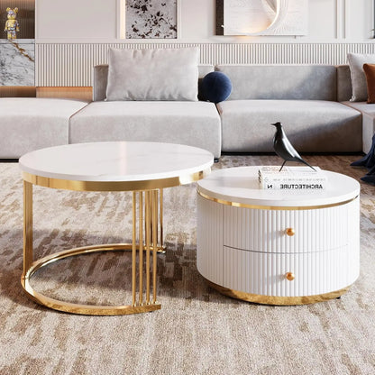 27.6, Gold+White Modern 2 Pieces Round Nesting Coffee Table with Drawers